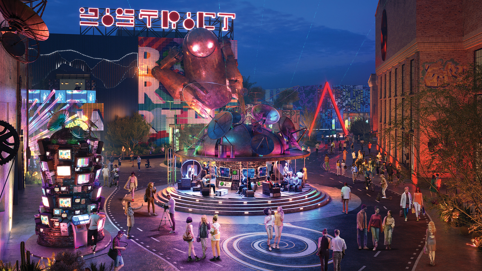 A group of people walking around a city.