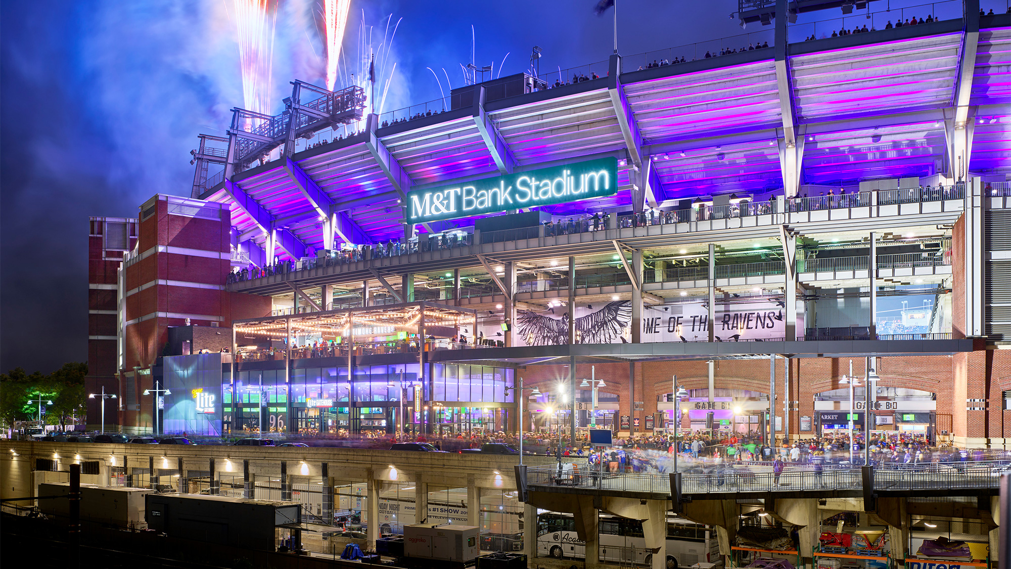 A stadium with a large roof.