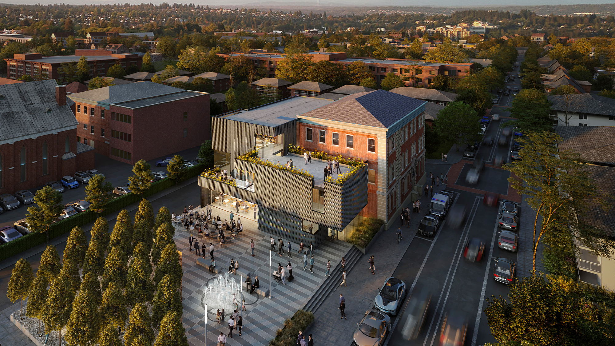 A group of people walking around a large building.
