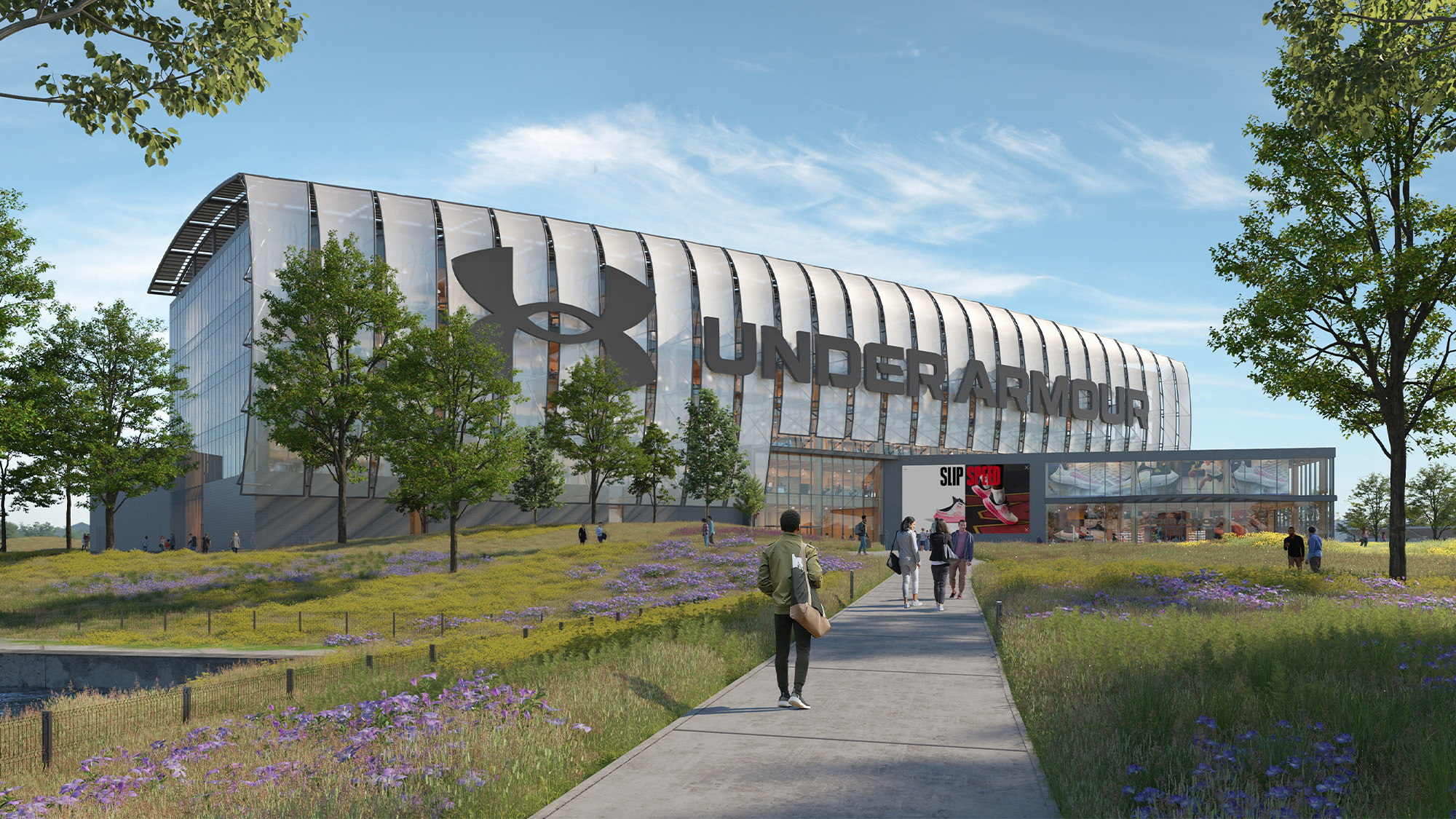 A building with a walkway and people walking around.