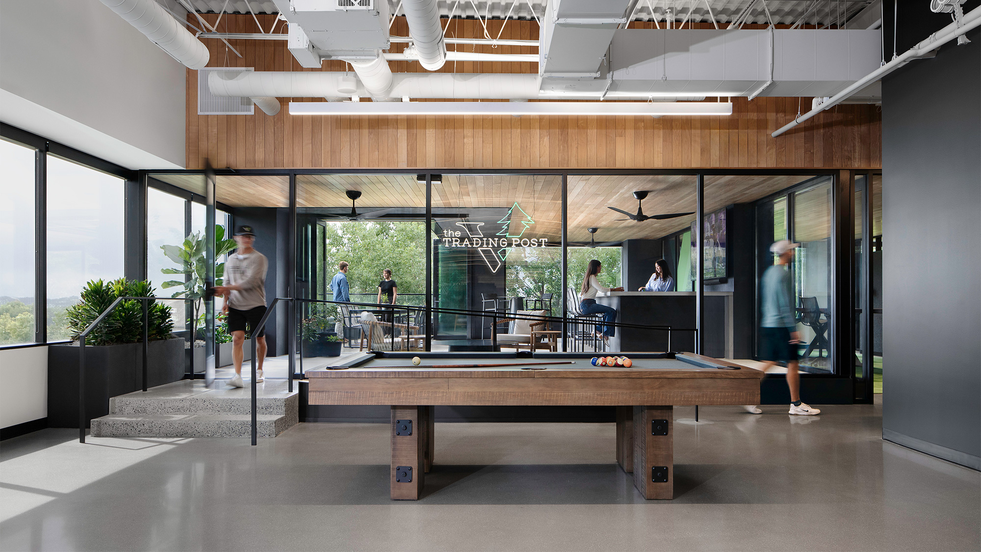 A group of people in a building.