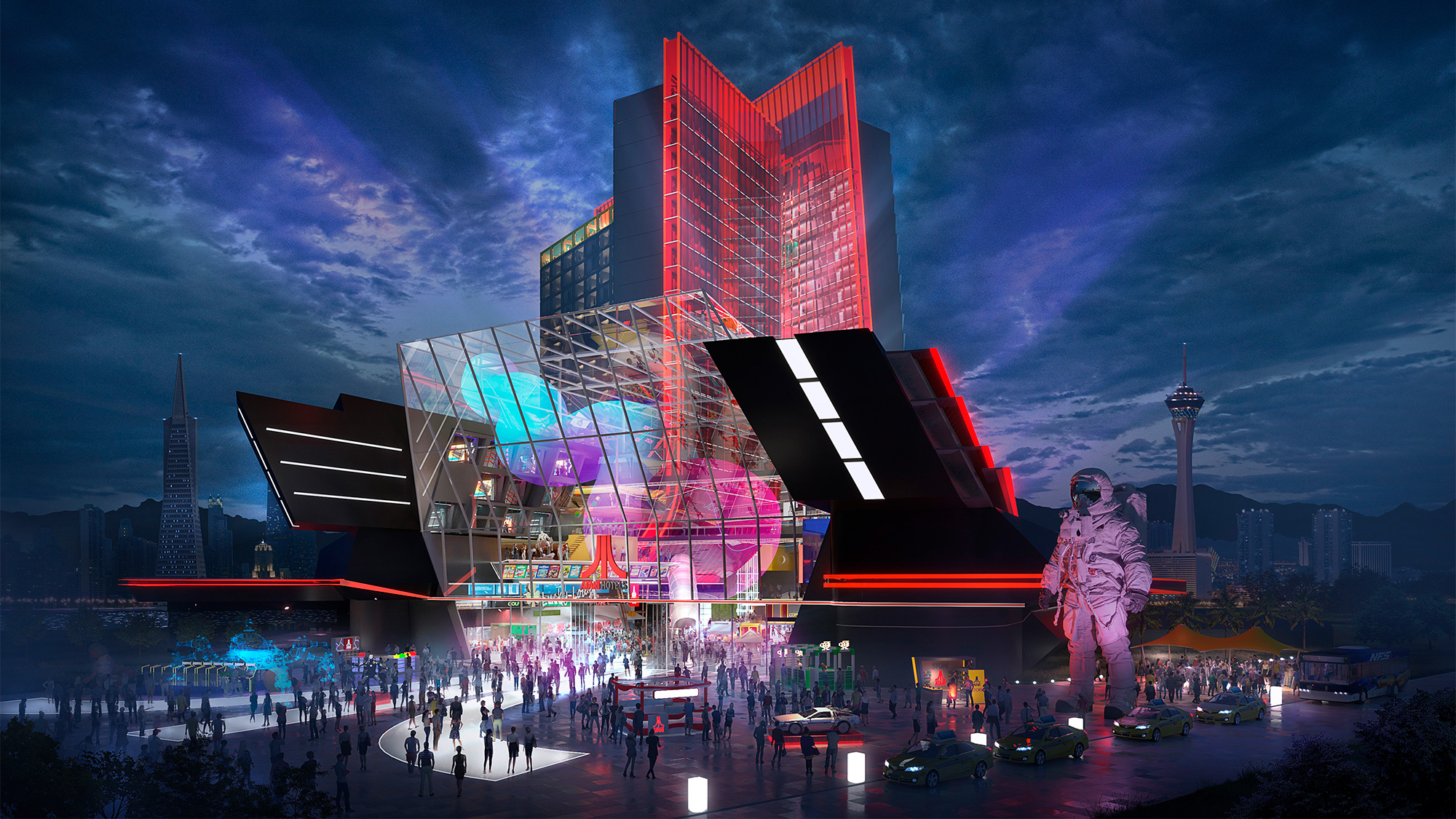 A large building with a statue in front of it.