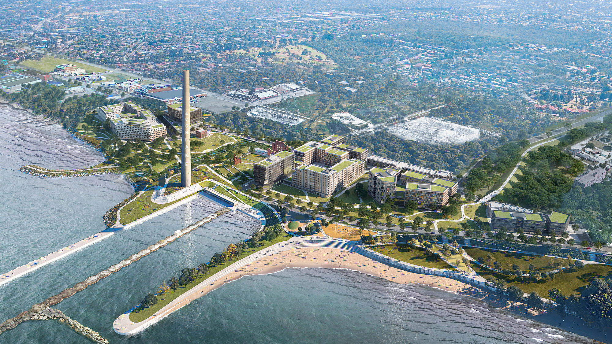 A city next to a river.