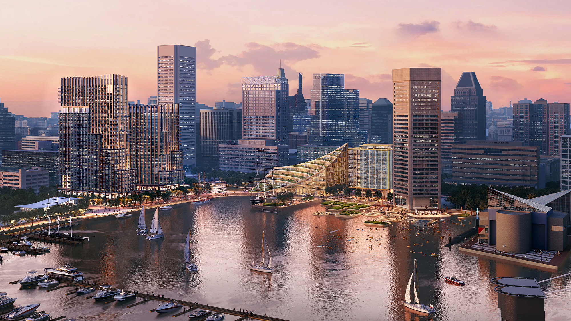 A city skyline with boats.