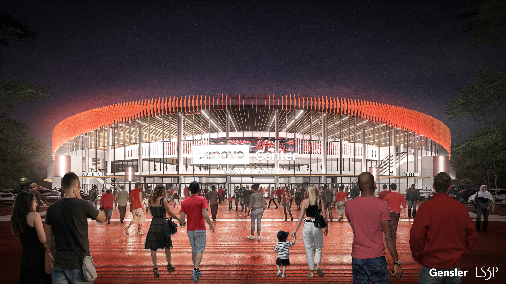 Exterior approach toward the entrance of Lenovo Center, Raleigh, North Carolina.