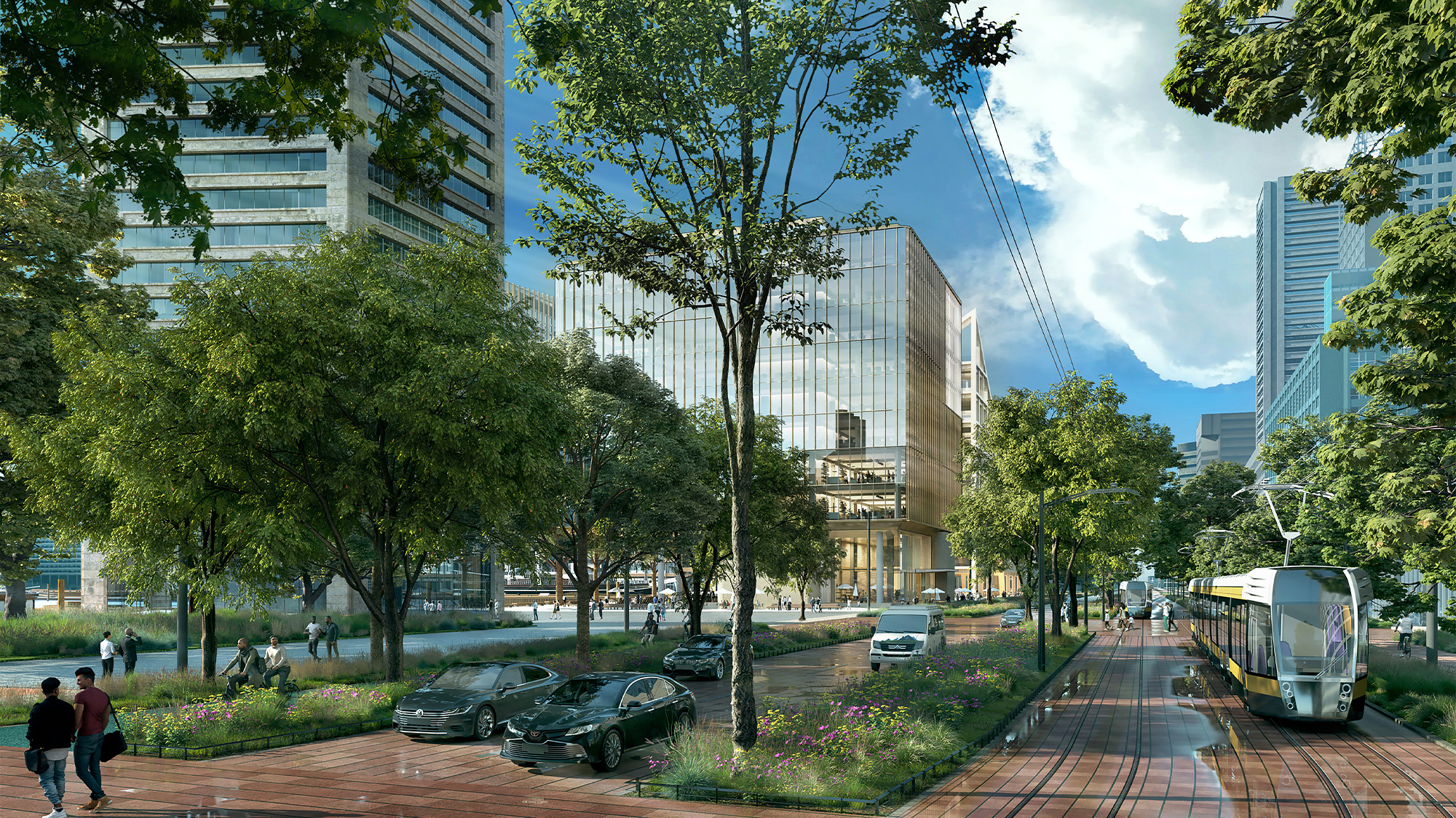 A city street with cars and people.