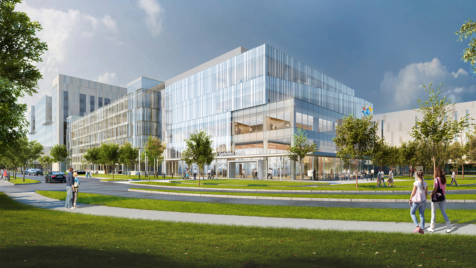 A large building with people walking around.