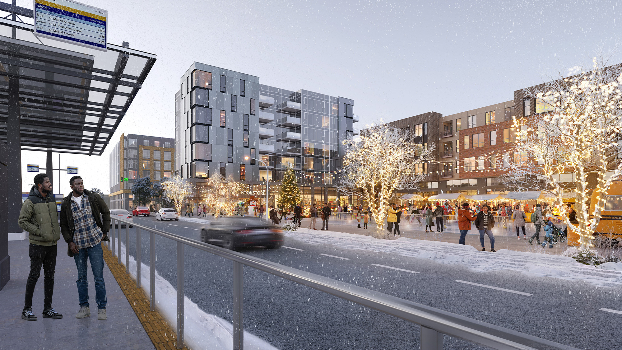 A street with cars and people on it and buildings in the back.