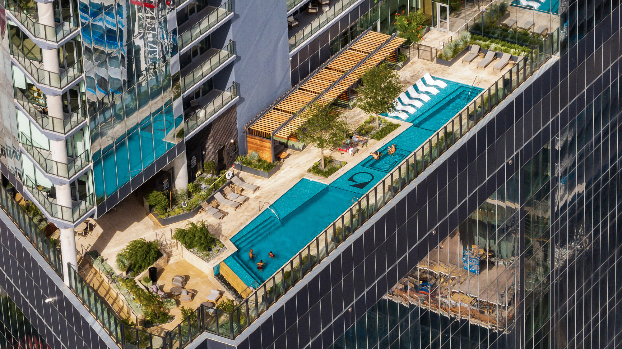 A high angle view of a swimming pool.
