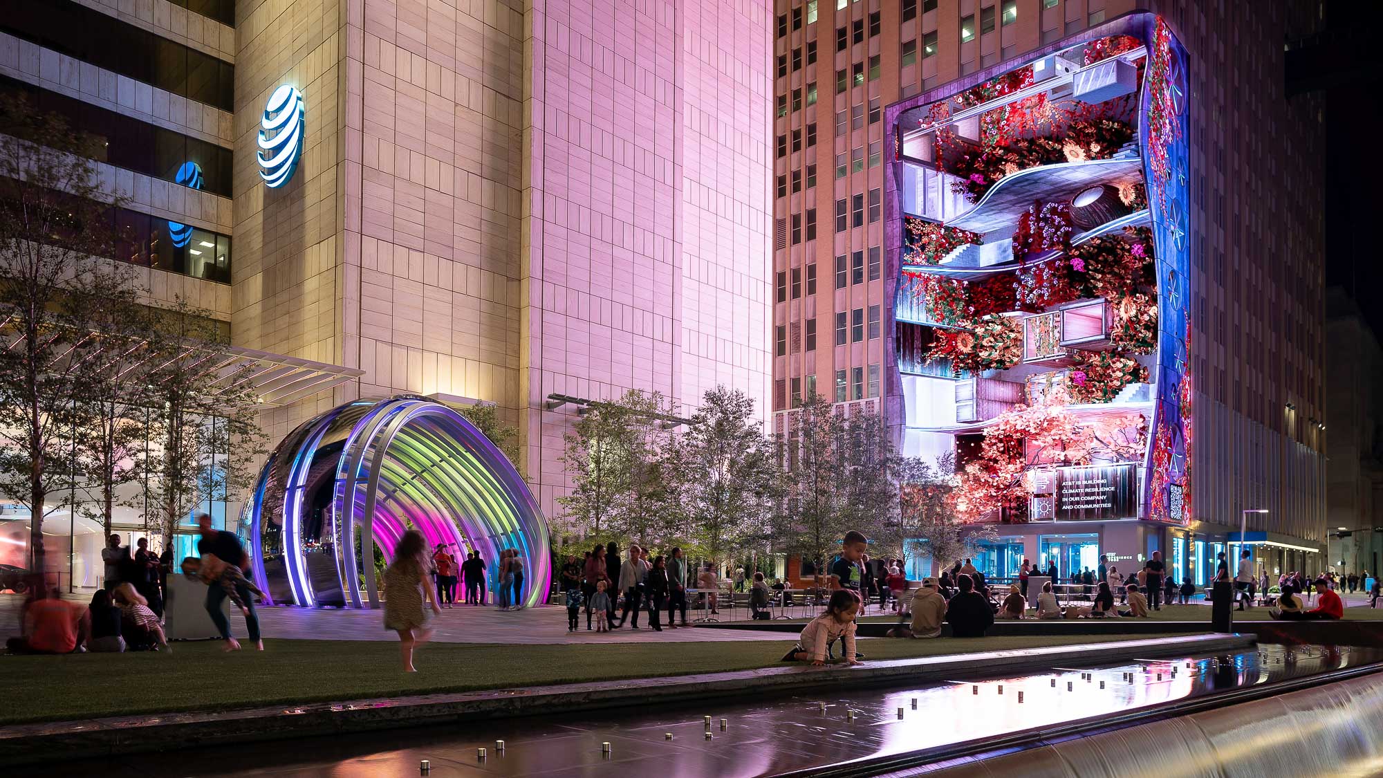 AT&T Discovery District plaza at night